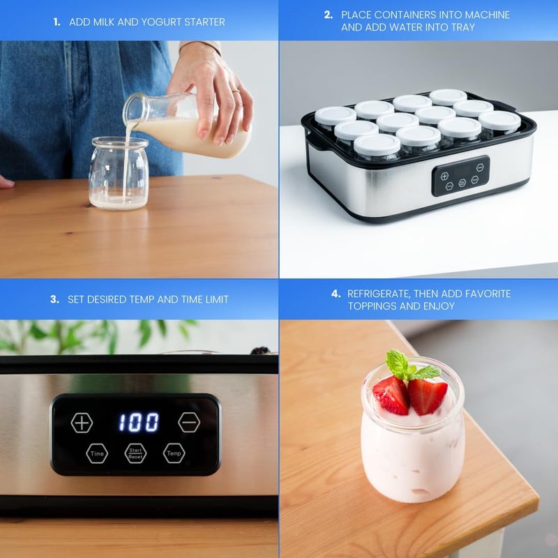 Collier Kitchen Automatic Yogurt Maker | 12 Glass Jars 180ml, Digital Timer & Temp Control | Stainless Steel Greek Yogurt Machine with Auto Shut-Off for Homemade Healthy Probiotic Snacks - Image 5